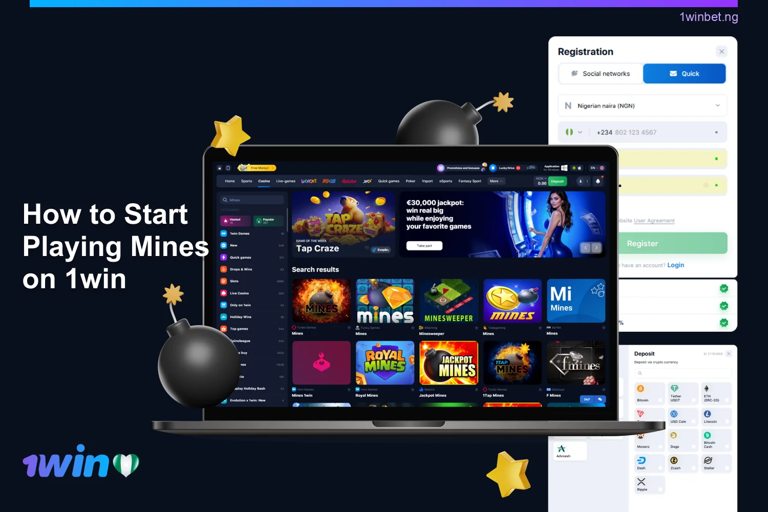 Before you start playing Mines, you must register at 1win Casino